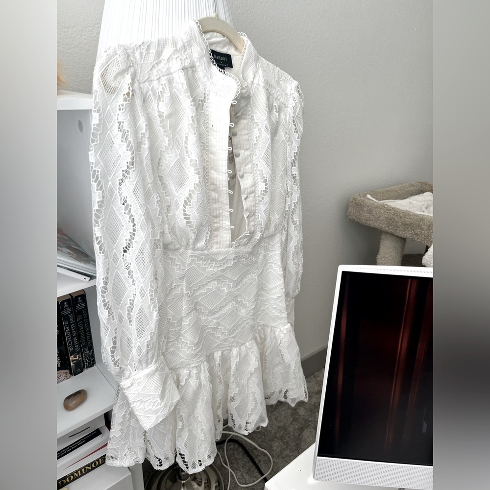 Bardot white lace mini dress.